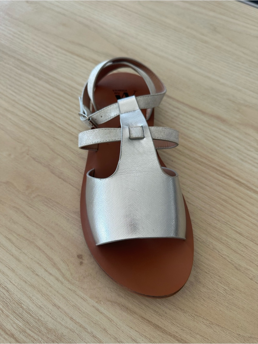 Women's Metallic Silver Leather T-Strap Sandals